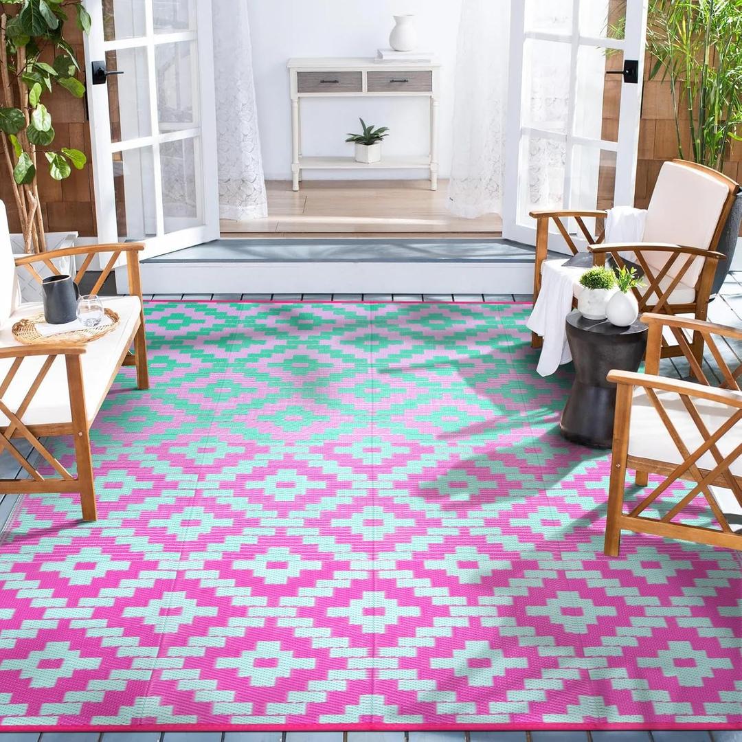 Wonnitar 8x10 Outdoor Rug, Large Waterproof Reversible Outdoor Patio Area Rug, Indoor/Outdoor Plastic Straw Portable Camping Rug for Outside RV Balcony Garden Deck, Green/Pink