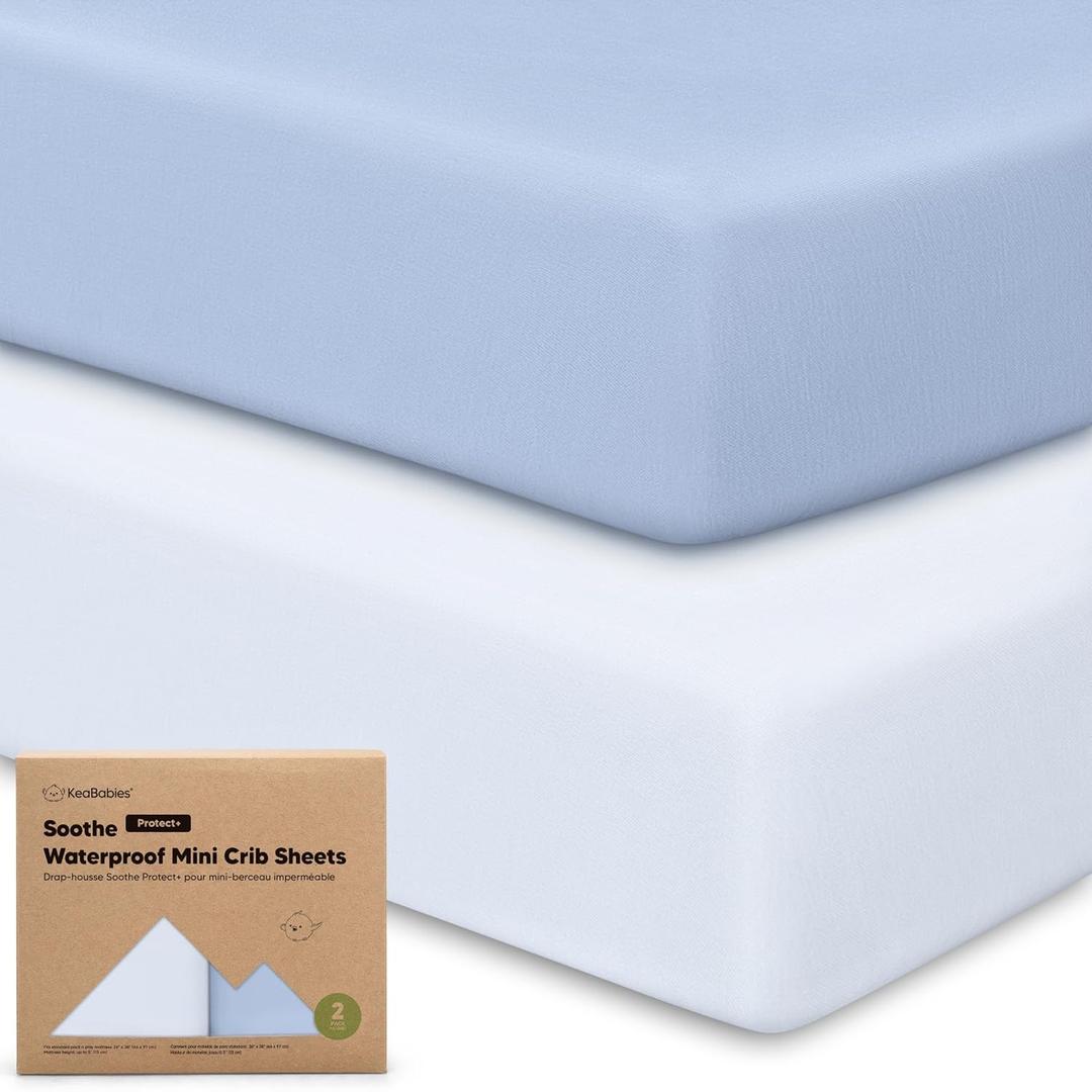 2-Pack Pack and Play Sheets, Waterproof Mini Crib Sheets Fitted - Organic Cotton Pack N Play Sheets for Graco Pack and Play Mattress, Playard Baby Crib Sheets, Neutral for Boy,Girl,Toddler (Blue Flax)