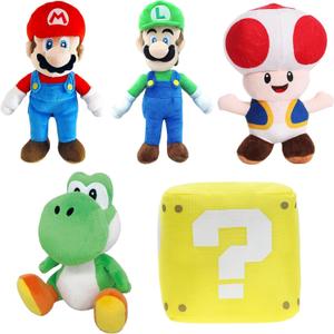 Mario All Star Collection Plushies, Mario and Luigi Stuffed Plush Toys, Yoshi, Toad and Coin Box Plushies, Set of 5 Dolls 9.8