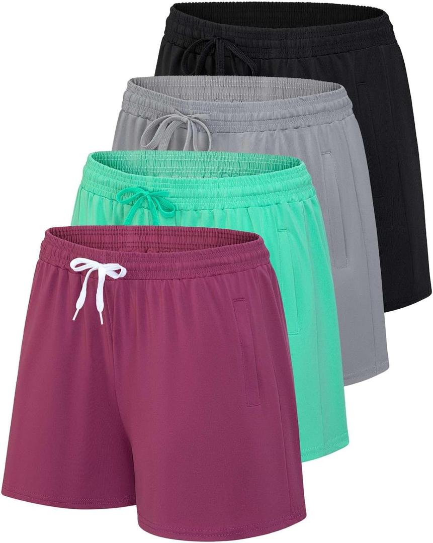 Real Essentials 4 Pack: Womens Athletic Dry-Fit Lounge Shorts with Zipper Pockets (Plus Size) (Large), Set 14