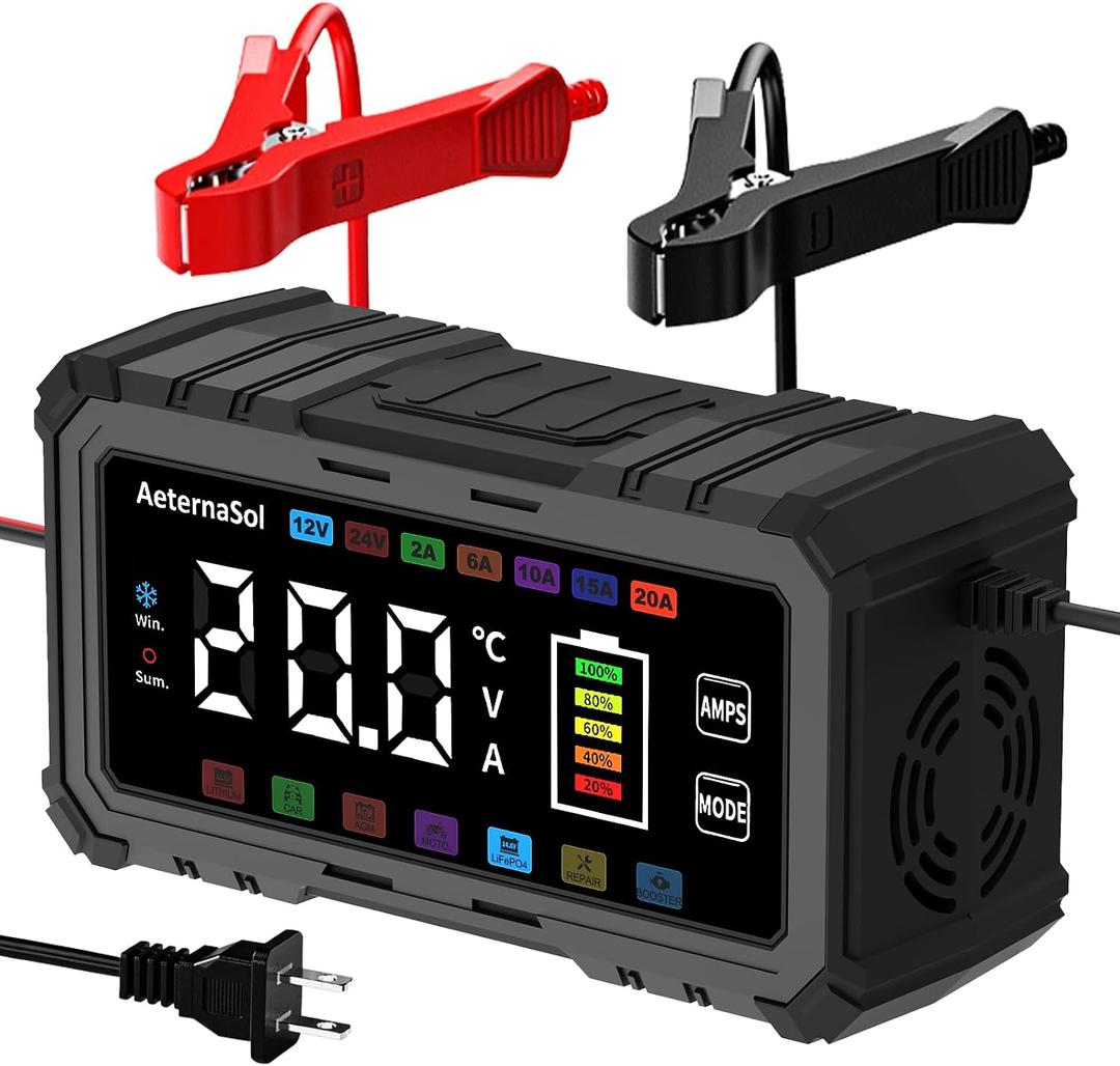 20A Smart Car Battery Charger 12V/24V Battery Charger, Automatic Battery Maintainer Desulfator Compatible with LiFePO4, AGM, Gel, Lead-Acid, Trickle Charger for Truck, Motorcycle, RV, Boat