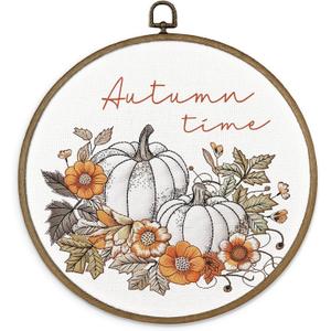 MAQIKA Fall Pumpkin Floral Wall Art, Autumn Decor, Rustic Round Wall Hanging, Farmhouse Canvas Prints for Home Living Room, 10x10 Inch