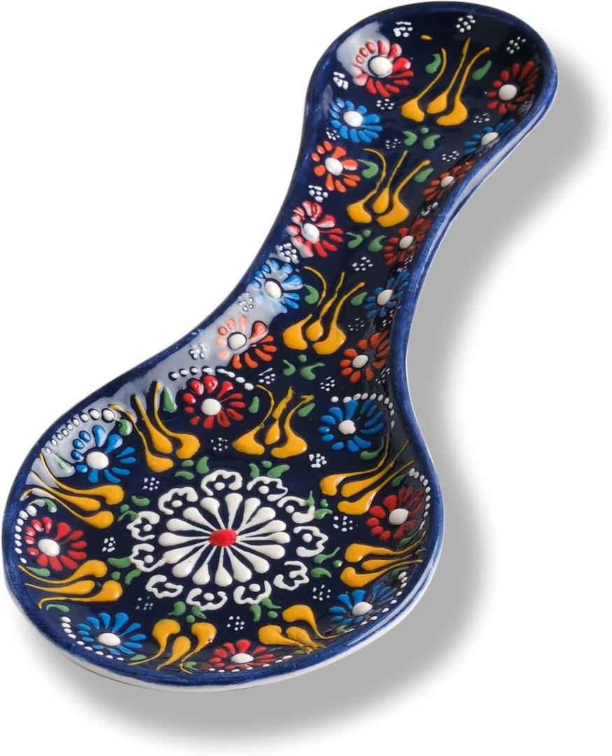Handmade Spoon Rest, Ceramic Spoon Rest for Stove Top, 10" Spoon Rest for Kitchen Counter, Dishwasher Safe Spoon Holder for Stove, Housewarming Gifts Utensil Rest, Colorful Spoon Rests (Navy)