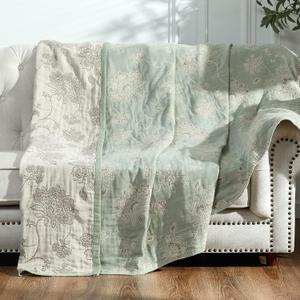 jinchan Boho 100% Cotton Muslin Twin Size 50x60 Inches Blanket Lightweight 4-Layer Quilted Soft Green and Beige Floral Throw Blanket Reversible Comfy Flower Breathable All Seasons Couch Bedroom Decor