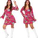 Ladies Hippy Costume 60s/70s Pink Dress + Headband (XX-Large)
