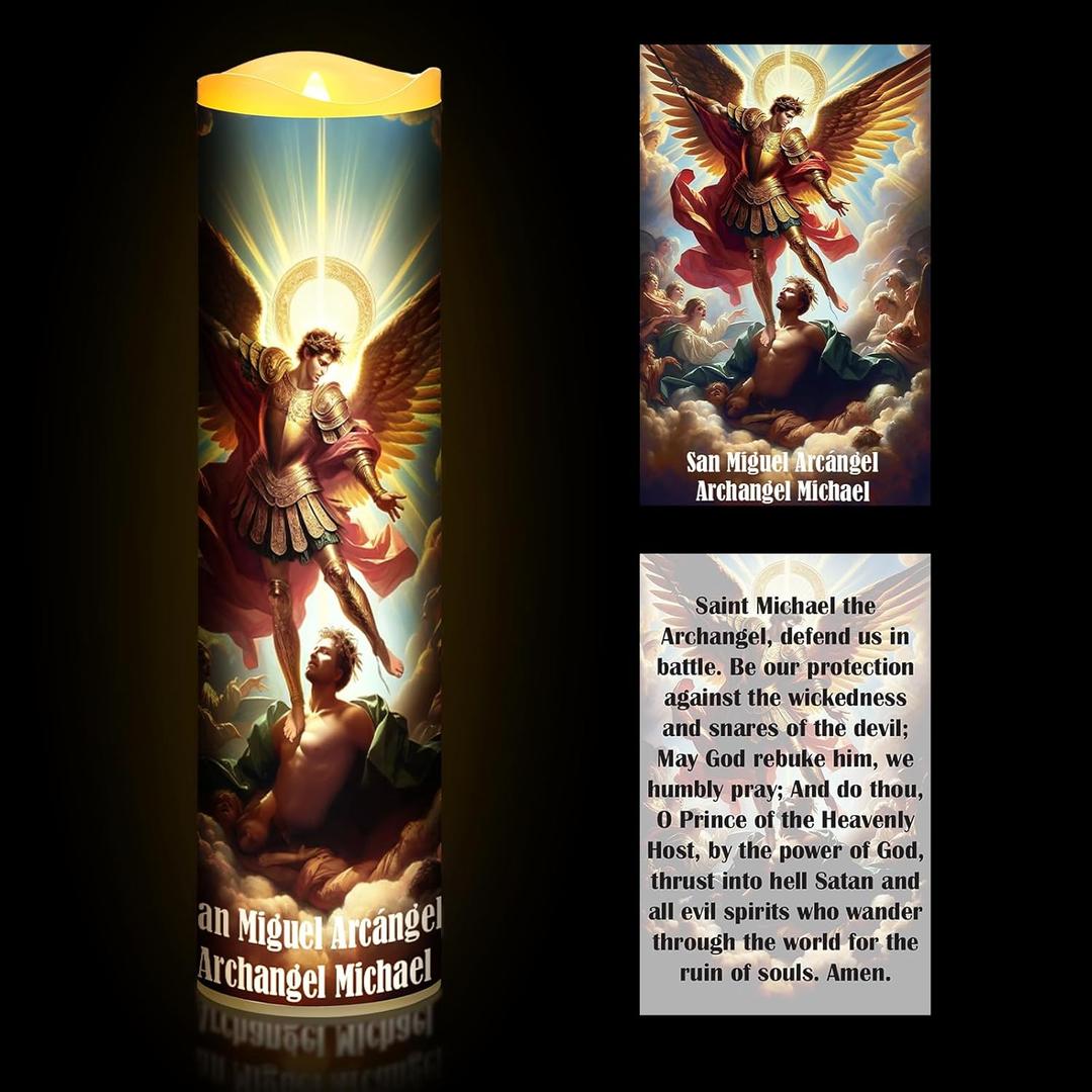 Glooglitter Catholic Prayer Candle and Card Set 8" LED Flameless Prayer Candle Devotional Religious Card Decoration Gifts for Easter Passover Halloween Christmas Activities(St. Micheal)