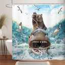 Funny Bear Shower Curtain, Cool Bear Riding Shark on Blue Ocean Shower Curtain, Farmhouse Navy Blue Beach Shower Curtain Set Kids with 12PCS Hooks, 70X70IN Waterproof Polyester Fabric
