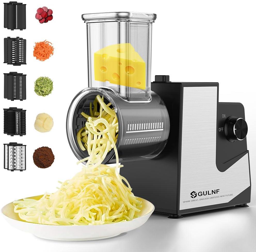 Electric Cheese Grater - 5 in 1 Rotary Cheese Grater Vegetable Slicer 250W, Salad Shooter with 5 Different Blades, Electric Cheese Shredder for Kitchen, Block Cheese, Vegetables, Fruit