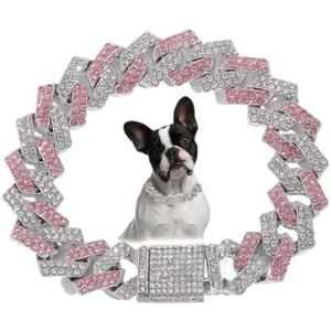 Chain Dog Collar, Diamond Metal Cuban Link Dog Collar,15mm Wide Bling Sparkly Puppy Necklace for Small Medium Large Pet Dogs Cats Silver Pink(16 inch)