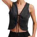 Women's Denim Vest Crop Sleeveless V Neck Denim Top Retro Tie Up Front Jean Vest (Medium, Black)