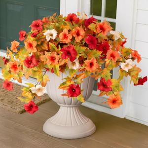 Ammyoo Artificial Fall Flowers Fake Petunias Plants for Outdoor Decoration, 2 Pcs Silk Faux Flowers UV Resistant No Fade Plants for Garden Balcony Yard Porch Realistic Indoor Decor (Orange White)