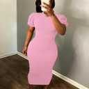 Women's Bodycon Maxi Dress Summer Puff Sleeve Casual Elegant Party Club Night Out Dress (Pink, XL)