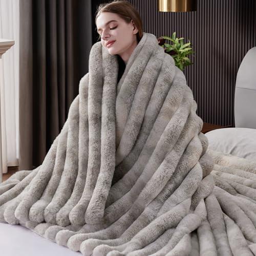 HaloRest Fluffy Faux Fur Throw Blanket King Size, Thick 1000GSM Soft Cozy Throw Blankets for Bed, Plush Striped Warm Fuzzy Blanket for Couch LivingRoom Home Decor & Gifts(90"x 104", Tie-dye Grey)