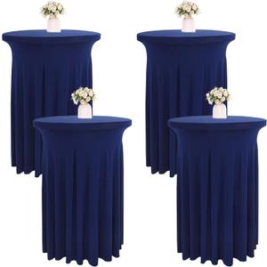 4 Packs 32 x 43 Inch Spandex Round Cocktail Table Skirts Stretch Cocktail Table Covers Fitted High Top Tables for Wedding Bar Party Banquet (Navy Blue)
