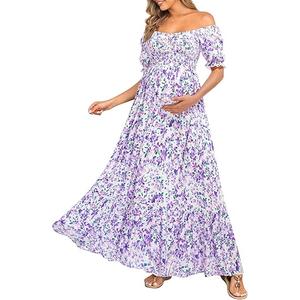 Maternity Dress Baby Shower - 2025 Photoshoot Pregnancy Summer Floral Maxi Off Shoulder Casual Dress, Large