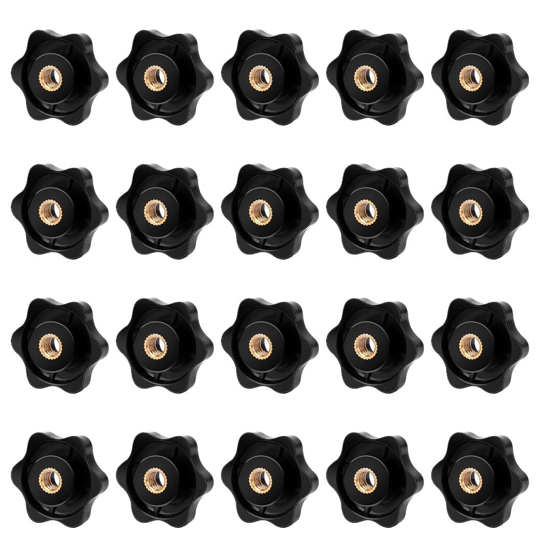 MOZEAT LENS 20 Pack 1/4-20 Knob 6 Star Knobs 1/4 Inch 20 Female Threaded Hexagon Head Thru Knob Clamping Knobs Jig Knobs T Track Bolts, Black