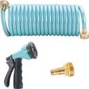 RV External Shower, 3/8 in by 15-Foot Coil Hose with 1/2 Inch Quick Connect Adapter for RV Outdoor Shower, Boat Hose Coil, 3/4 Inch Fittings (With Sprayer)