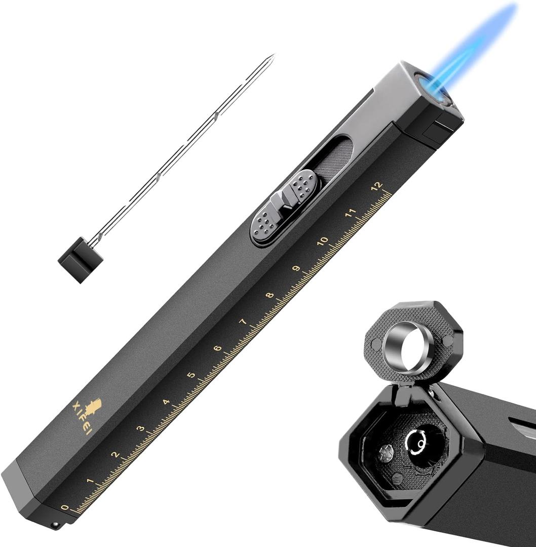 TISFA Cigar Lighter, Cigar Punch, Cigar Draw Enhancer, Cigar Length Measuring Tools, All-in-one Refillable Butane Lighter, Windproof and Portable Pen Torch Lighter (Black)