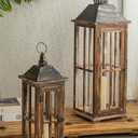 Large Farmhouse Wooden Decorative Lantern Set of 2, Rustic Distressed Brown Burnt Wood Floor Candle Lanterns, Indoor/Outdoor Hanging Lanterns for Home Decor (No Glass)