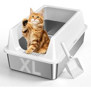 1 Pack XL Stainless Steel Litter Box with High Sides Shield for Multi Cat, Extra Large Tall Wall Open Top Deep Metal Pan for Big Cats, Anti-Leak Non-Stick Odor Control, 2 Scoops Included, Gray