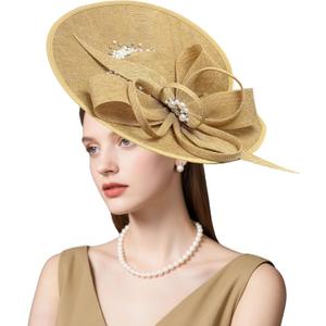 dressfan Vintage Fascinator Hats for Women,Linen Pearl Fascinator for Derby Church Wedding Tea Party (Beige)