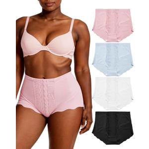 4Pack Women's High Waisted Underwear Moderate Tummy Control Shapewear Panties Stretch Lace Briefs for Women