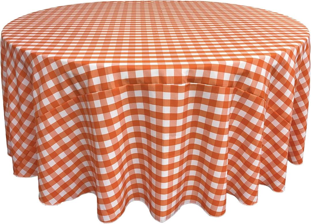 LA Linen Poly Checkered Round Tablecloth, 120-Inch, Orange/White