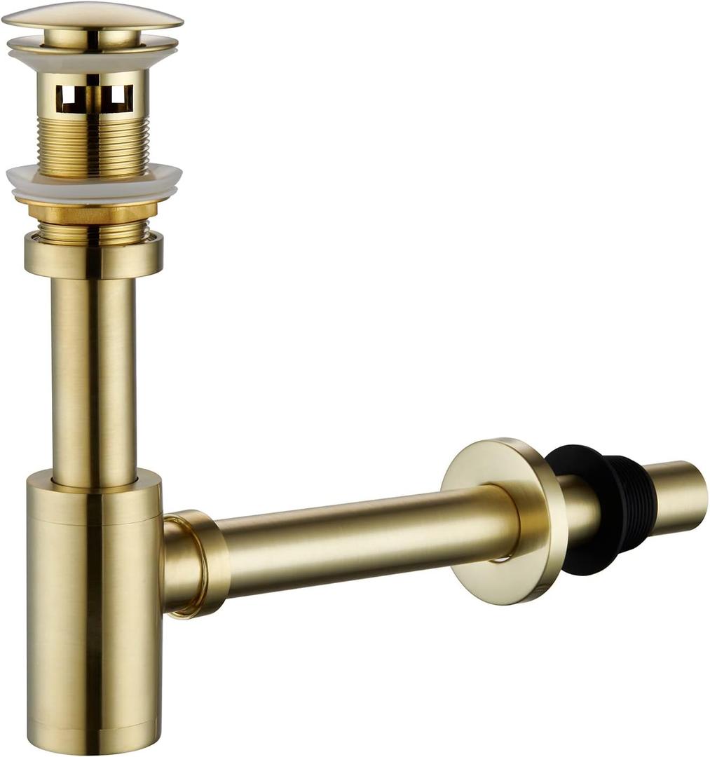 Brass P Trap with Bathroom Sink Stopper: 1-1/4 Sink Drain Round Bottle Trap Set with Overflow - Adjustable Height, Brushed Gold - Complete Basin Sink Plumbing Kit for Pipe Replacement