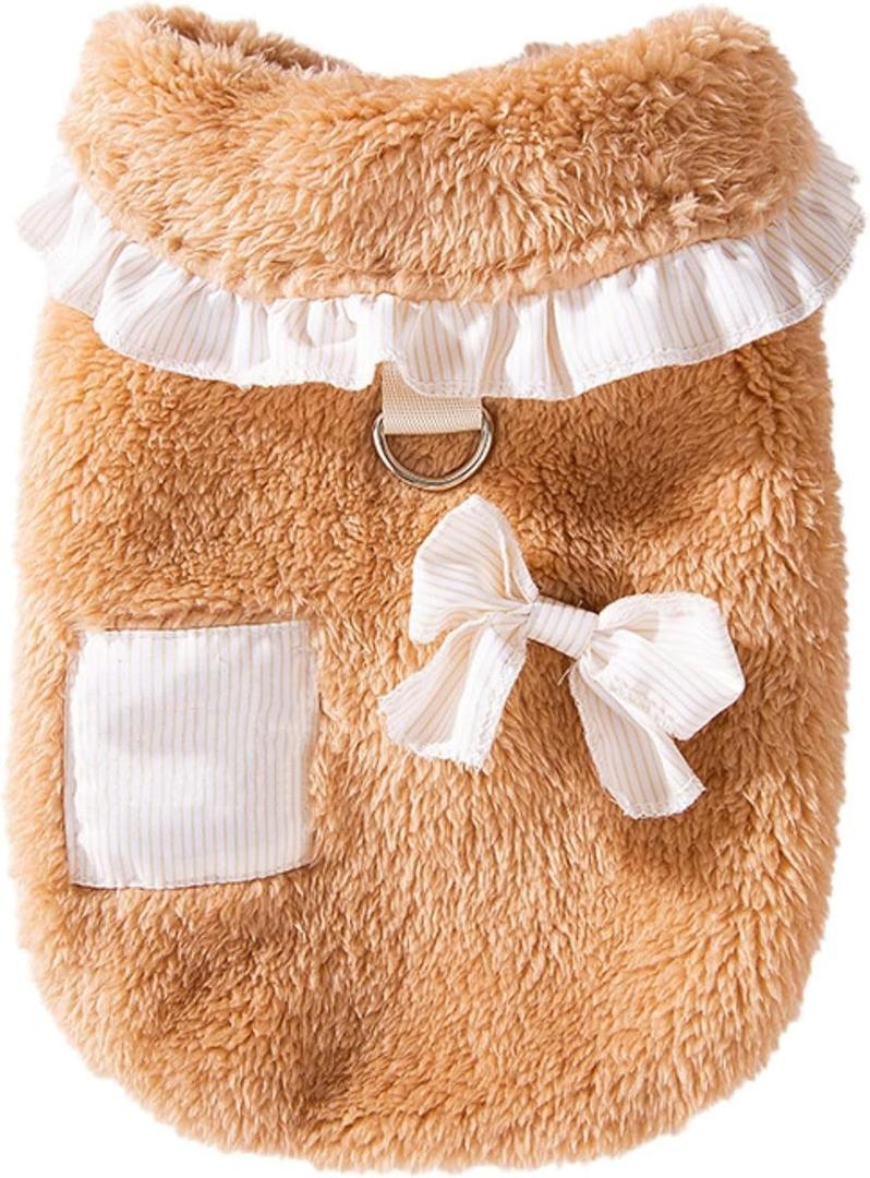 Lace Bow Decoration Puppy Coats Fleece Winter Dog Shirts Winter Dog Coats for Small Medium Dogs for Chihuahua Yorkie Teacup Dog Christmas Outfit (Brown)