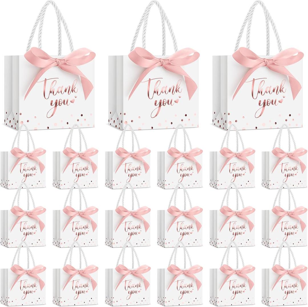 Jetec 45 Pcs Mini Paper Gift Bag Bulk 5.5 x 4.7 x 2.5'' Small Thank You Favor Bag with Handle Bow Ribbon for Valentines Day Wedding Baby Bridal Shower Birthday Party(White/rose Gold)