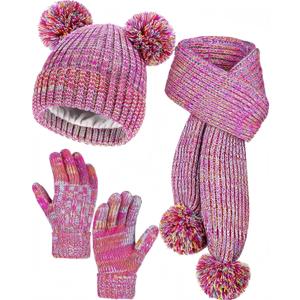 Kids Winter Gloves Hat Scarf Set for Cold Weather, Toddler Children Girls Fleece Lined Knit Pom Pom Beanie, Neck Warmer & Mittens Kids Christmas Gifts for Girls 3 4 5 6 7 8 Years Old - Rainbow