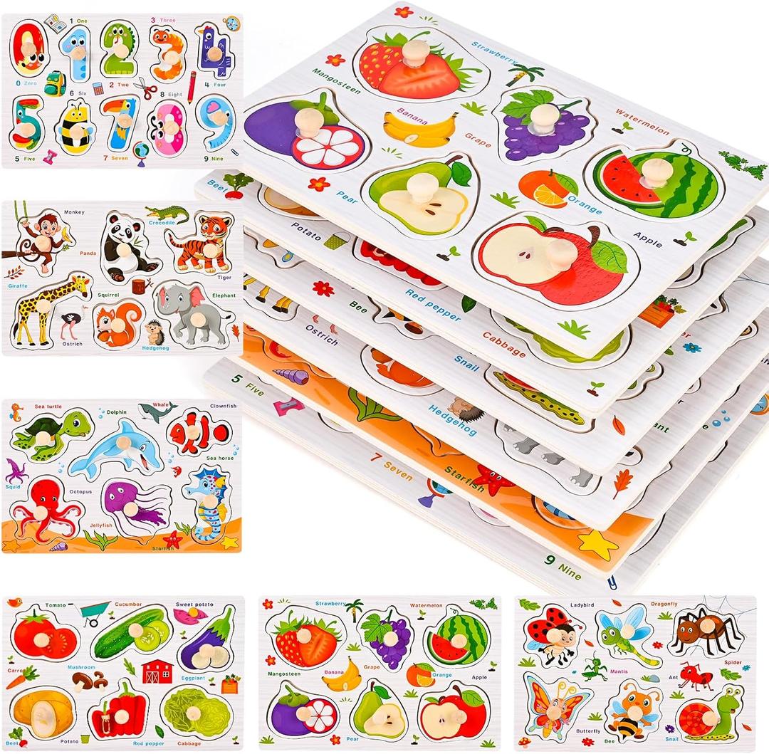 Wooden Peg Puzzles for Toddlers 1-3, 6 PCS Toddler Puzzles Set(Vegetables, Numbers, Fruits, Insects, Sea and Animals), Great Preschool Learning Puzzle Toys for Girls and Boys