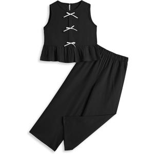 Girls Clothing Sets Sleeveless Bow Crop Top Wide Leg Linen Pants 2025 Summer Outfits Cute Kids Clothes (7-8 Years, Black)