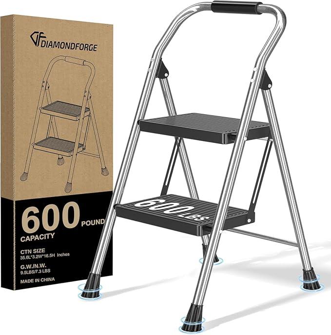 Foldable Folding Stool Step Ladder - 2 Stepping Tall Heavy Duty Extension with Handrails for Home Adults Kitchen - Extendable Stepladder Closet Stair Ladders Stepstool for Indoor House 600Lbs