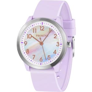 PROKING Kids Watch for Girls Boys Children Teens Analog for Kid 8-18 Years Old Learning Time and Easy to Read 50M Waterproof with Soft Band, Great Gift for Kids (Purple - Rainbow Dial)