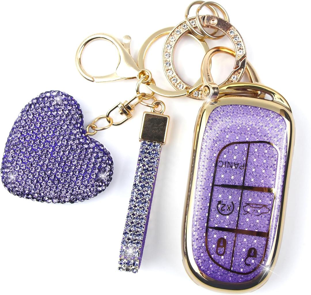Key Fob Cover with Diamond Keychain for Women, Car Key Holder Compatible with Jeep Grand Cherokee Renegade Dodge RAM Durango Challenger Chrysler Protector, 5 Buttons (Purple-Heart)