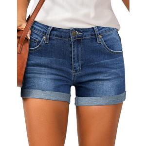 LookbookStore Women's High Waisted Rolled Hem Distressed Jeans Ripped Denim Shorts (X-Large, True Blue)