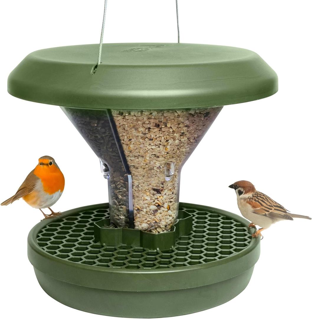 Swissinno Bird Feeders - No Mess Hanging Bird Feeder for Outdoors - Smart Birds Davos Spill Proof Wild Cardinal & Small Bird Feeder with Integrated Seed Catcher Tray - Dual Chamber - Green