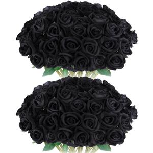 Black Roses Artificial Flowers 50 Pack in Bulk, Fake Roses Flowers Realistic Roses for Halloween Gothic Wedding Home Party Decoration Event Gift (Black)