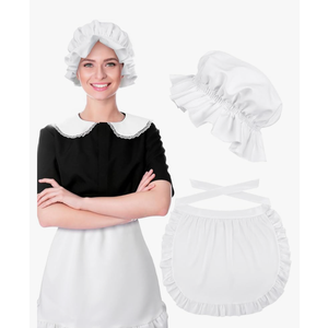 Newcotte 2 Pieces Women Colonial Costume Accessory Set Include White Mob Cap Bonnet Cotton Half Apron for Maid Girl Cosplay M