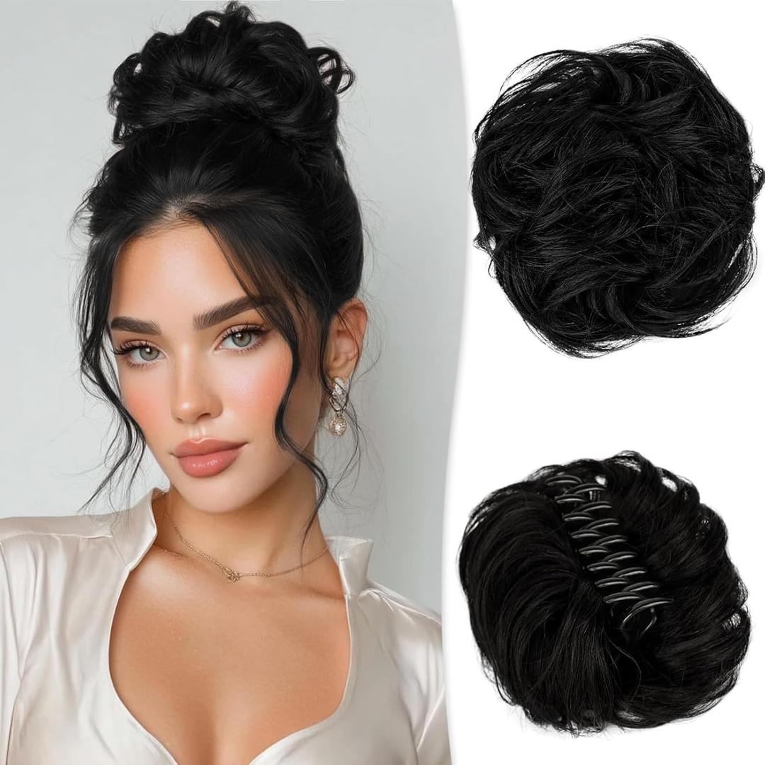 RUWISS Claw Clip Messy Bun Hair Piece Real Human Hair Buns Wavy Curly Chignon Hair Bun Extensions Tousled Updo Claw Clip Ponytail Hairpieces (Black) (40g)