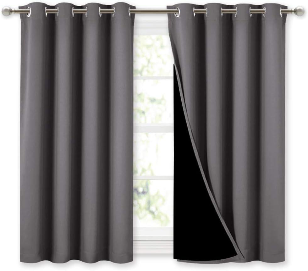 NICETOWN 100% Blackout Curtains with Black Liners, Thermal Insulated Full Blackout 2-Layer Lined Curtains, Energy Efficiency Window Draperies for Dining Room (Grey, 2 Panels, 52-inch W by 45-inch L)