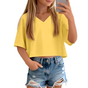 Oakgarden Girls V Neck Crop Tops Kids Drop Shoulder Short Sleeve Knit T-Shirts Oversized Summer Athletic Cropped Tees 5-14Y(Yellow,7-8 Years) (Yellow)