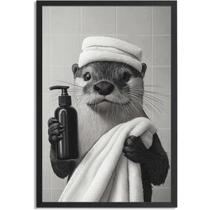 Leeda Framed Funny Black And White Bathroom Wall Art Otter Is Getting Ready For A Bath Bathroom Signs Picture-Cute Animal Art Canvas Prints Ready To Hang (12"L x 8"W)