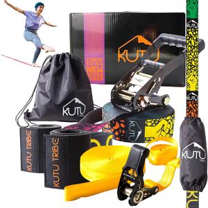 60 ft Slackline Kit for Kids and Adults  Complete Tight Rope Set with Training Line and Tree Protectors for Backyard Fun, Balance Training, and Adventurous Memories with Slick Slack line kit