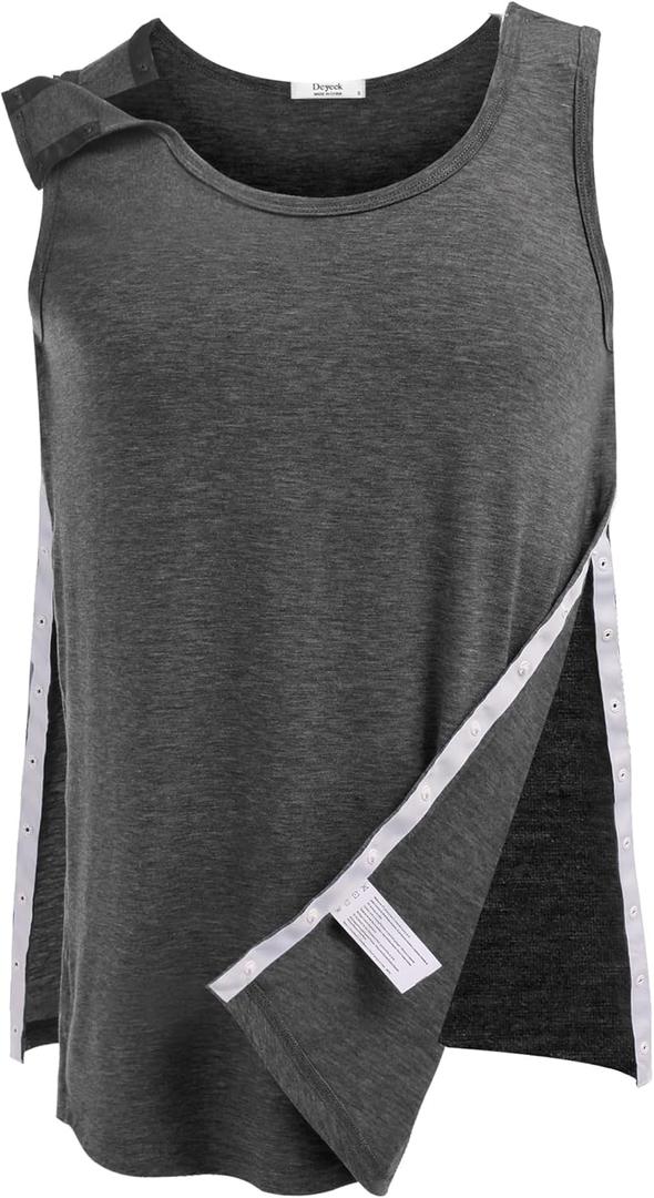 Deyeek Unisex Shoulder Snap-Access Tank Tops Post Surgery Shirts Tear Away Chemo Shirt Clothes After Rotator Cuff Surgery (Small, Dark Grey)