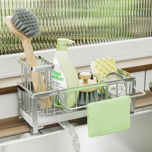 SWTYMIKI Sponge Holder for Kitchen Sink - Sink Caddy with Brush Holder Self-draining Sponge Caddy Organizer with Divider Stainless Steel Kitchen Accessories Storage for Countertop, Silver