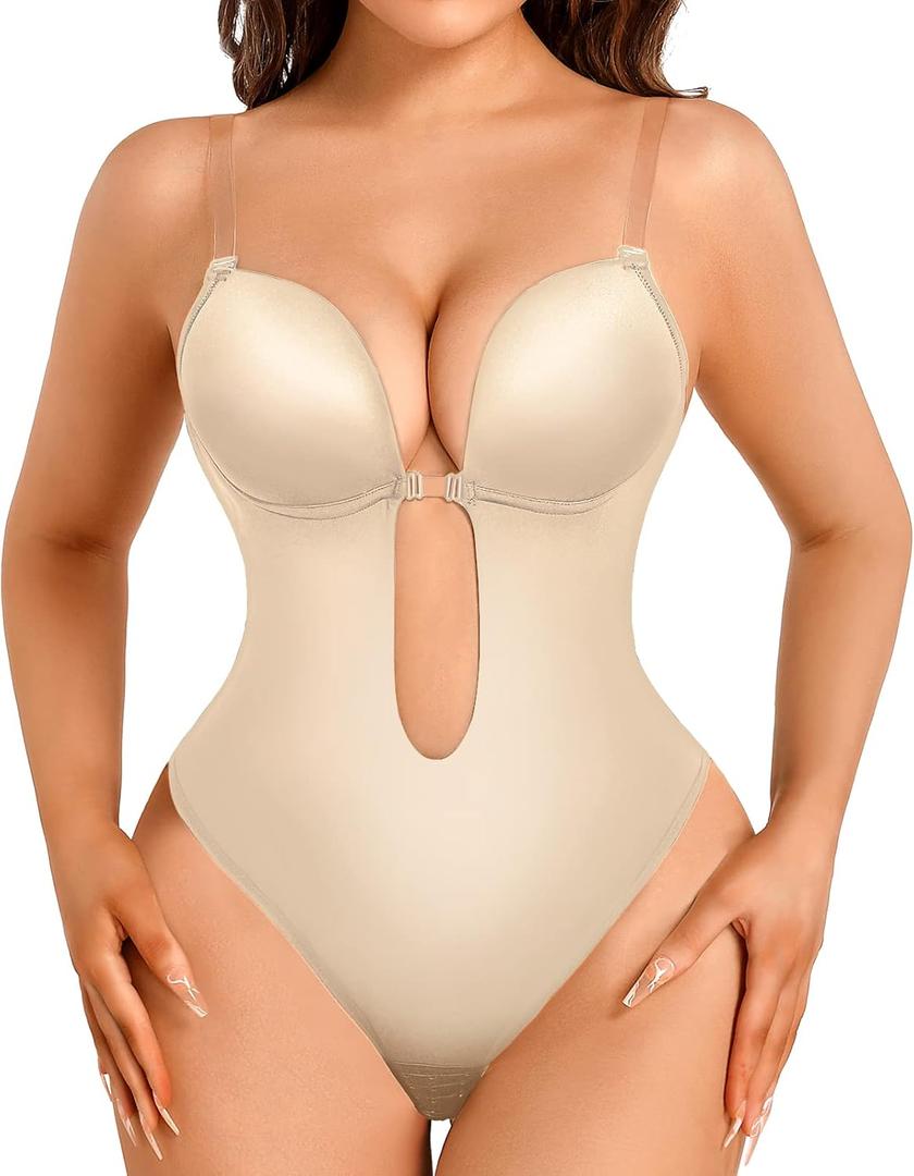 Decorus Shapewear Backless Bodysuit Strapless: Low-back Thong Body-shaper Invisible Women - Build in Bra Open-back Bodysuits (Large, Beige)