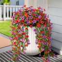 Hommyea Artificial Hanging Flowers for Outdoors, 2 Pcs Fake Hanging Plant Spring Summer Decor, UV Resistant No Fade Faux Silk Daisy Flower for Planter Front Door Porch Patio Yard Garden(Red Purple)