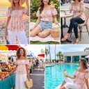 Women's Off Shoulder Boho Floral Blouse Short Sleeve Flowy Dressy Casual Top (L)